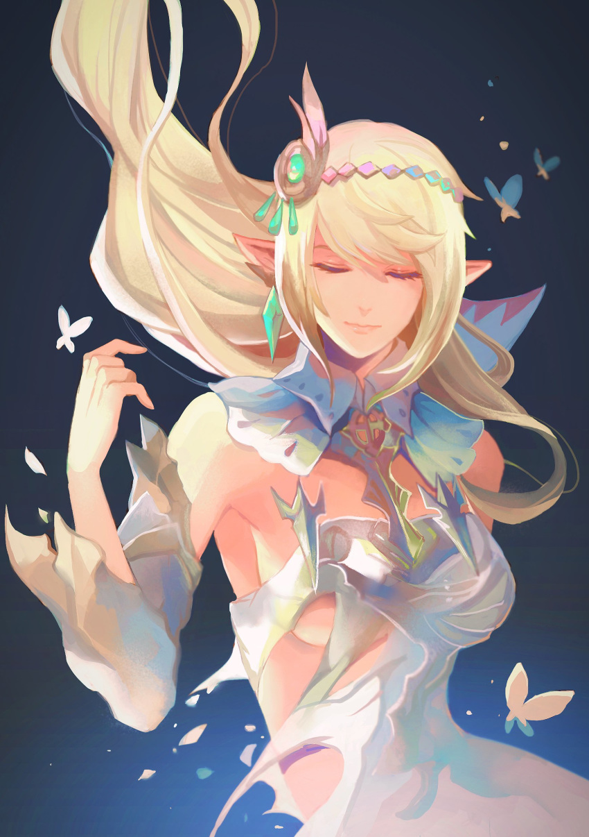 1girl 2017 absurdres blonde_hair bug butterfly closed_eyes detached_sleeves dress earrings elezen elf final_fantasy final_fantasy_xiv floating_hair gradient gradient_background headdress highres insect jewelry long_hair pointy_ears preyanan_suwanpramote torn_clothes watermark web_address white_dress white_mage