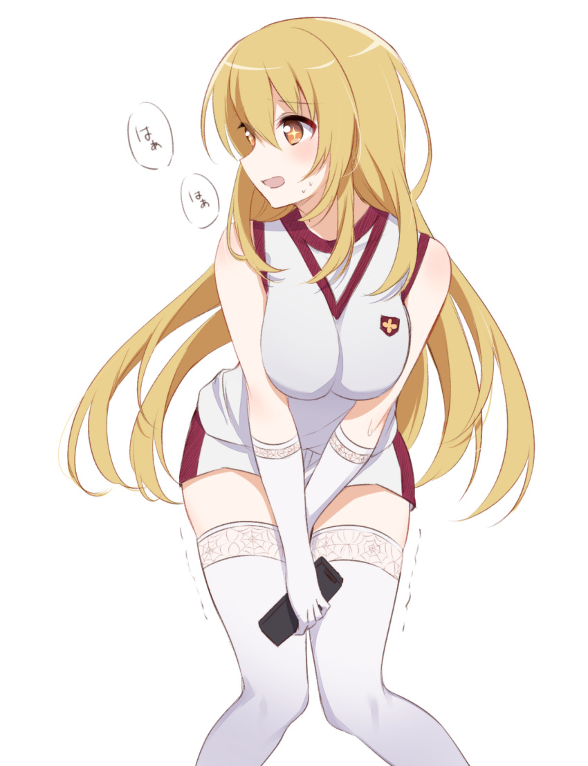 +_+ 1girl blonde_hair breasts eyebrows_visible_through_hair gloves highres large_breasts long_hair looking_to_the_side nemu_mohu open_mouth shirt shokuhou_misaki shorts simple_background solo standing thigh-highs to_aru_kagaku_no_railgun to_aru_majutsu_no_index trembling white_background white_gloves white_legwear white_shirt white_shorts yellow_eyes