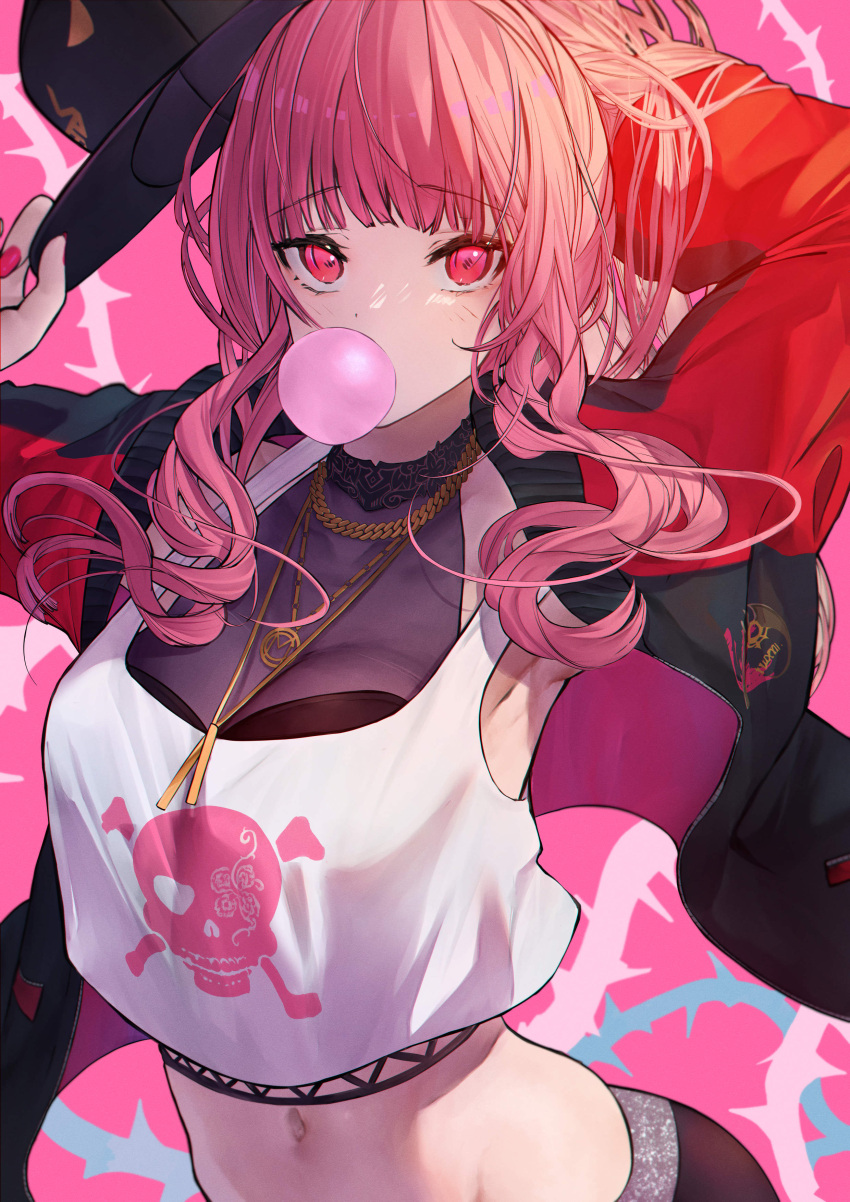 1girl absurdres bangs betabeet black_headwear blunt_bangs breasts chewing_gum eyebrows_visible_through_hair hat highres holding holding_clothes holding_hat hololive hololive_english jewelry long_hair looking_at_viewer medium_breasts midriff mori_calliope pendant pink_background pink_eyes pink_hair skull_and_crossbones solo virtual_youtuber