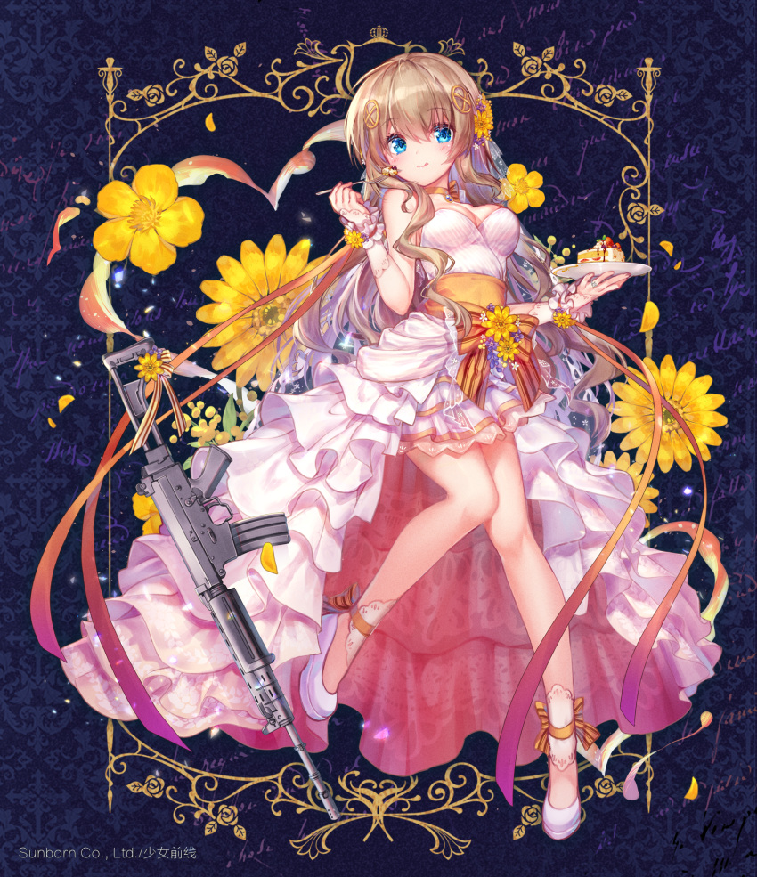 1girl alternate_hairstyle assault_rifle blue_eyes bride brown_hair cake commentary_request dress flower fn_fnc fnc_(girls_frontline) food full_body girls_frontline gun hair_ornament highres jiang-ge long_hair looking_at_viewer official_art plate rifle weapon