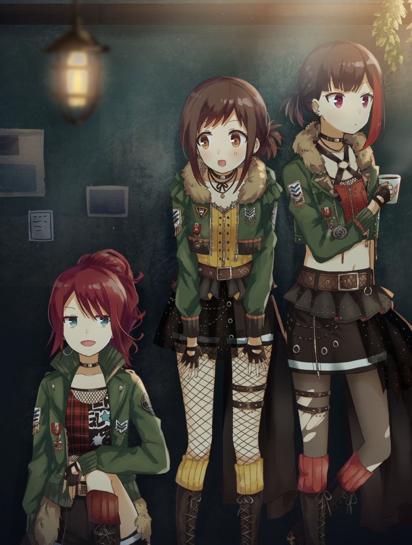 3girls aqua_eyes bang_dream! bangs belt black_choker black_gloves black_hair black_skirt bonachiyama boots brown_eyes brown_hair choker cup eyelashes fingerless_gloves fishnet_legwear fishnets gloves green_jacket hazawa_tsugumi highres jacket jewelry knee_boots lamp long_hair matching_outfit midriff mitake_ran mug multicolored_hair multiple_girls necklace open_clothes open_jacket outdoors ponytail redhead short_hair side_ponytail skirt squatting standing streaked_hair thigh_strap udagawa_tomoe violet_eyes