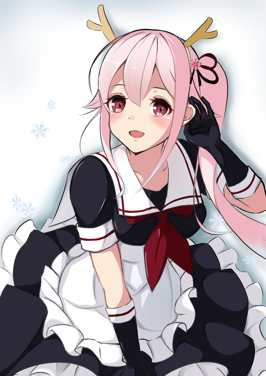 1girl adapted_costume akihara alternate_costume antlers black_serafuku blue_hair deer_antlers enmaided flower gradient_hair hair_flaps hair_flower hair_ornament hairband harusame_(kantai_collection) highres kantai_collection looking_at_viewer maid multicolored_hair pink_hair red_eyes ribbon school_uniform serafuku side_ponytail smile solo