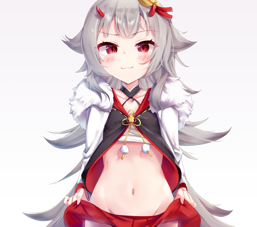 1girl azur_lane blush fur_trim hair_ornament hibiki_(azur_lane) horns japanese_clothes lifted_by_self long_hair long_sleeves looking_at_viewer navel oni_horns pleated_skirt red_eyes red_skirt sarashi silver_hair skirt smile solo tamariyazuna