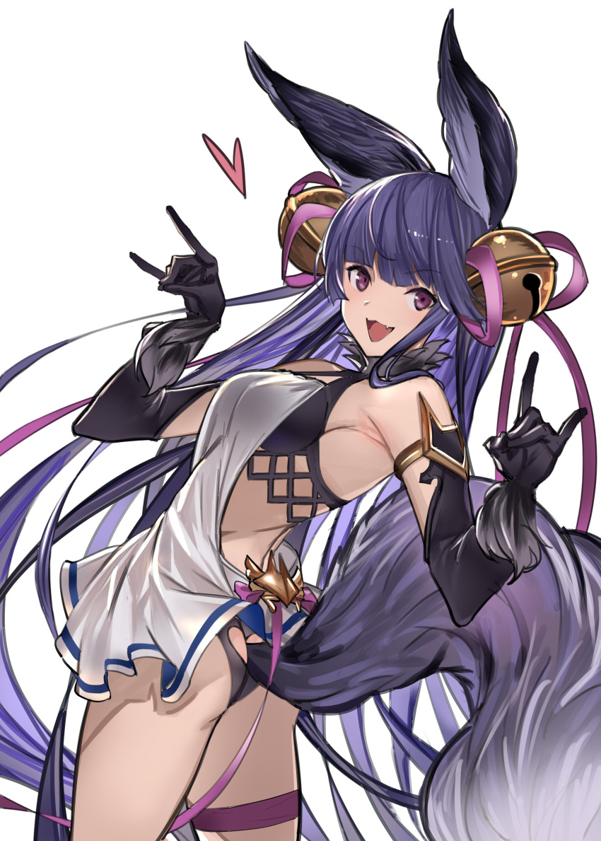 1girl absurdres animal_ears armlet ass backless_dress backless_outfit bangs bare_shoulders bell bikini black_bikini black_gloves blue_hair blush breasts dress elbow_gloves erune fang fox_ears fox_shadow_puppet fox_tail fur_trim gloves granblue_fantasy hair_bell hair_ornament hands_up heart highres jikatarou jingle_bell large_breasts long_hair looking_at_viewer open_mouth short_dress simple_background smile solo swimsuit tail thighs very_long_hair violet_eyes white_background white_dress yuel_(granblue_fantasy)