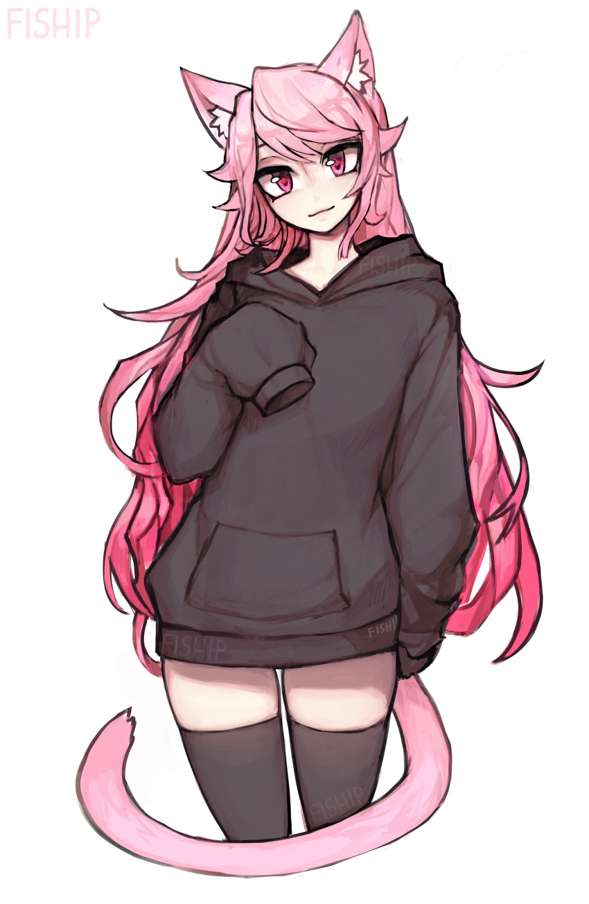 1girl absurdres animal_ear_fluff animal_ears artist_name black_legwear cat_ears cat_girl cat_tail commentary cropped_legs hand_up head_tilt highres hood hood_down hoodie light_smile long_hair looking_at_viewer matilda_fiship original pink_eyes pink_hair simple_background sleeves_past_fingers sleeves_past_wrists solo tail thigh-highs very_long_hair watermark white_background