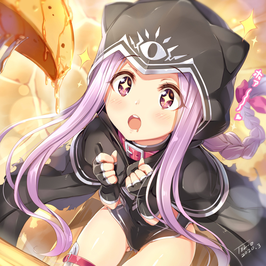 1girl bangs black_capelet black_cloak black_gloves black_leotard blush breasts capelet cloak collar covered_navel fate/grand_order fate_(series) fingerless_gloves food fork gloves highres hood hood_up hooded_cloak leotard long_braid long_hair medusa_(lancer)_(fate) open_mouth pancake parted_bangs purple_hair red_collar rider sidelocks solo sparkle syrup tel-o thighs very_long_hair violet_eyes younger