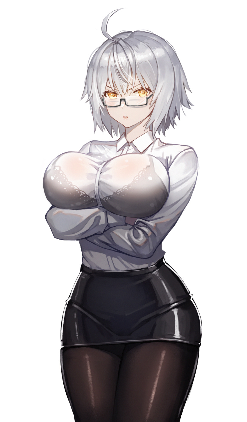 1girl absurdres ahoge arms_under_breasts bangs black-framed_eyewear black_bra black_legwear blush bra breasts collared_shirt cowboy_shot crossed_arms dress_shirt fate/grand_order fate_(series) glasses hair_between_eyes highres jeanne_d'arc_(alter)_(fate) jeanne_d'arc_(fate)_(all) lace lace_bra large_breasts looking_at_viewer miniskirt office_lady open_mouth pale_skin pantyhose pencil_skirt see-through shirt short_hair silver_hair skirt thighs underwear white_shirt ye yellow_eyes