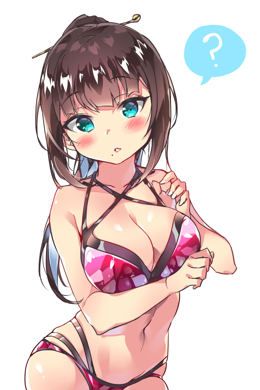 1girl ? aqua_eyes bikini black_hair blush eyebrows_visible_through_hair floral_print hair_ornament hairpin highres kurosawa_dia looking_at_viewer love_live! love_live!_school_idol_project love_live!_sunshine!! mole mole_under_mouth navel pink_bikini ponytail solo swimsuit tagme tem10 tied_hair white_background