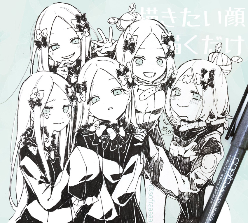 5girls :d abigail_williams_(fate/grand_order) background_text bangs blush bow closed_mouth crossed_bandaids crying crying_with_eyes_open dress eyebrows_visible_through_hair fate/grand_order fate_(series) forehead green_eyes hair_bow hair_bun hand_on_another's_shoulder heroic_spirit_traveling_outfit highres jacket long_sleeves monochrome multiple_girls no_hat no_headwear open_mouth parted_bangs parted_lips photo sleeves_past_fingers sleeves_past_wrists smile sofra spot_color tears traditional_media translation_request twitter_username