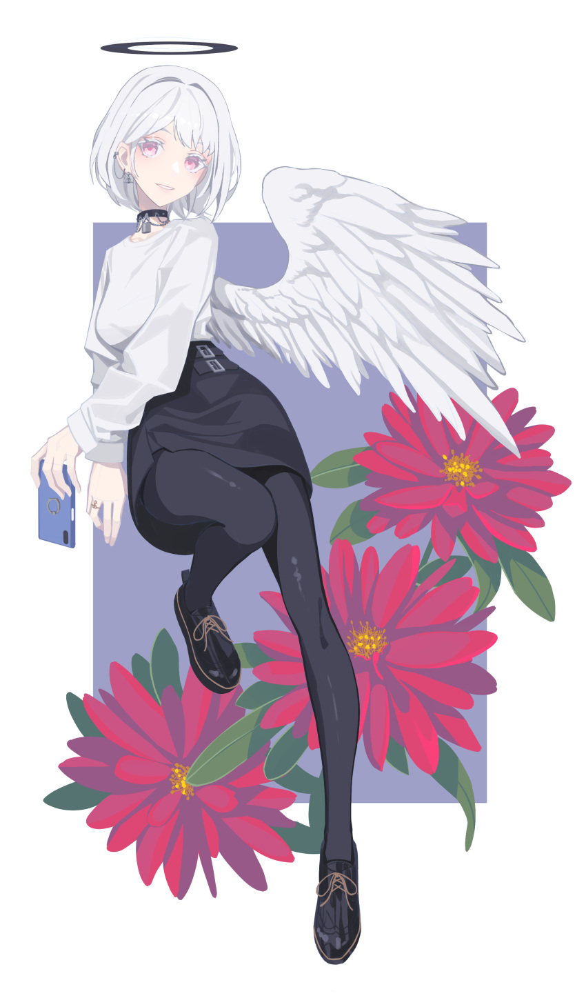 1girl absurdres albino angel_wings black_skirt cellphone chain choker ear_piercing earrings eyebrows_visible_through_hair flower halo highres jewelry lock looking_at_viewer original padlock pantyhose parted_lips pencil_skirt phone piercing pink_eyes ring shirt shoes single_wing skirt smartphone solo tsuki-shigure white_background white_hair white_shirt wings