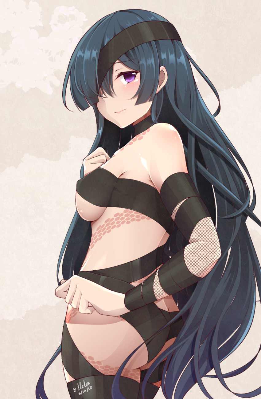 1girl ass bangs bare_shoulders black_hair black_ribbon blush breasts closed_mouth eyepatch fate/grand_order fate_(series) fishnets hair_over_one_eye highres long_hair looking_at_viewer looking_back medium_breasts mochizuki_chiyome_(fate/grand_order) ribbon smile snake_tattoo solo under_boob unlock-creed very_long_hair violet_eyes