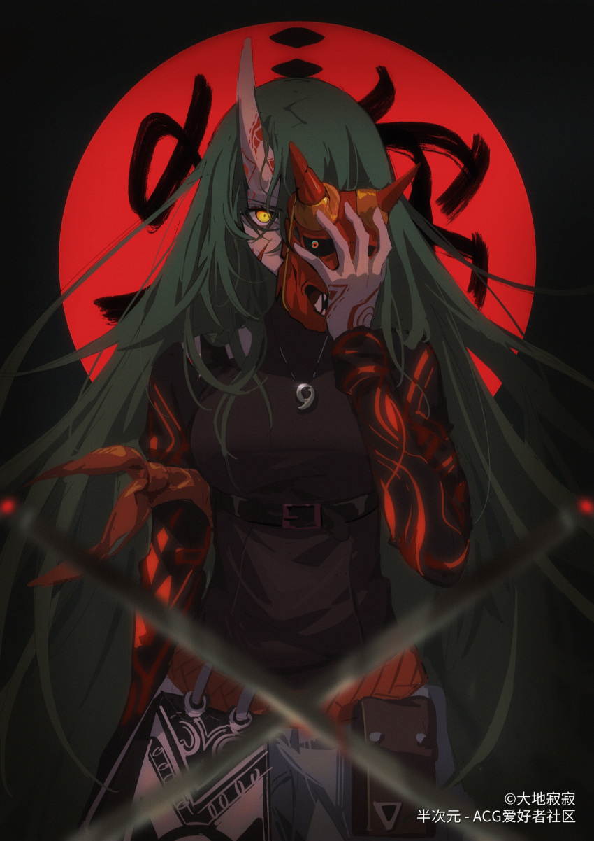 1girl absurdres angry arknights arm_at_side bare_shoulders belt black_background blood blurry breasts covered_mouth cowboy_shot cuts depth_of_field glowing glowing_eyes green_hair highres holding holding_mask horn horns hoshiguma_(arknights) injury jewelry kagura_tohru large_breasts long_hair long_sleeves looking_at_viewer mask mask_removed messy_hair necklace one_eye_covered oni_horns pendant pouch red_sun solo tattoo torn_clothes yellow_eyes