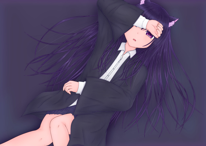 1girl absurdres animal_ears arm_up black_jacket cat_ears collared_shirt covering_face haqua highres jacket long_hair lying open_mouth original purple_hair shirt skirt solo very_long_hair violet_eyes white_shirt