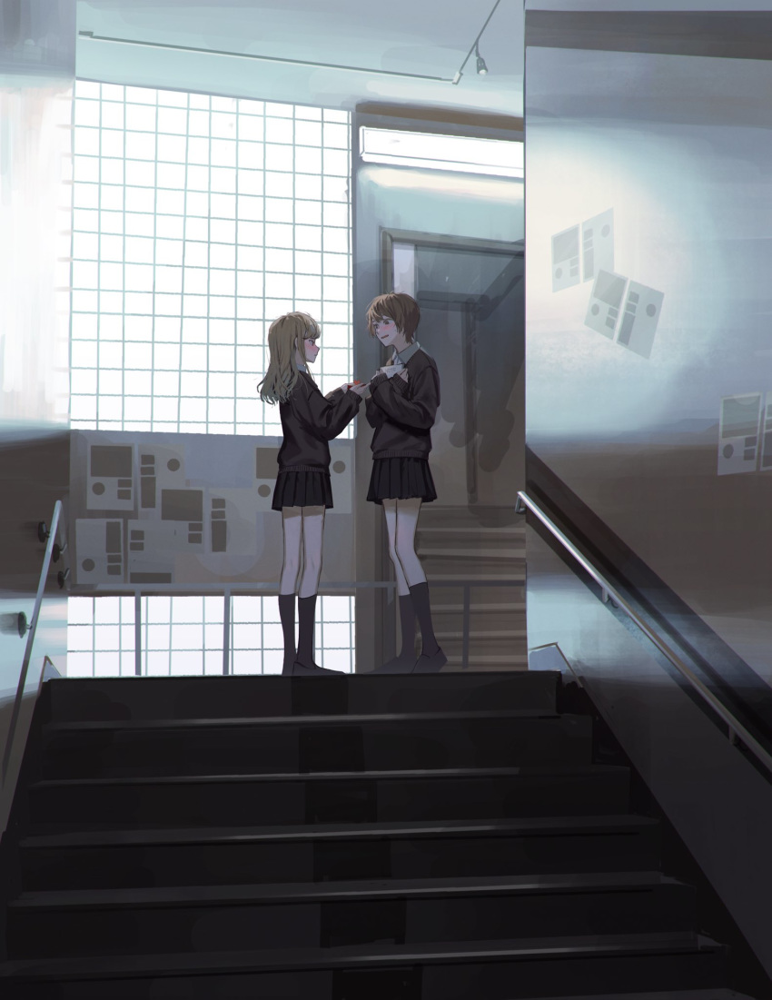 2girls black_footwear black_legwear black_skirt blonde_hair blush brown_eyes brown_hair collared_shirt highres holding holding_notebook indoors multiple_girls notebook open_mouth original school school_uniform shirt short_hair skirt stairs stairwell telu2307 white_shirt