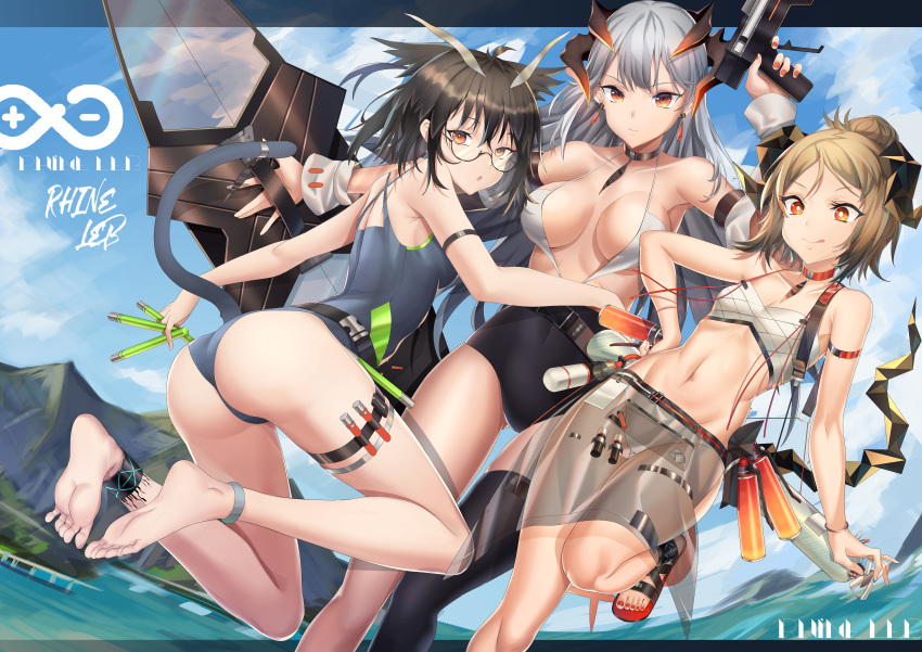3girls :q absurdres ankle_strap antenna_hair arknights arm_strap ass ass_visible_through_thighs bangs bare_arms bare_legs bare_shoulders barefoot bikini black_choker black_hair black_legwear blonde_hair blue_sky breasts brown_eyes chinese_commentary choker clouds collarbone commentary_request covered_navel day detached_sleeves earrings feet_out_of_frame full_body glasses grey_swimsuit groin gun hair_between_eyes hair_bun hand_up highres holding holding_gun holding_weapon holster horns ifrit_(arknights) jewelry large_breasts letterboxed long_hair looking_at_viewer multiple_girls nail_polish navel one-piece_swimsuit orange_nails parted_lips pointy_hair red_choker red_eyes red_nails rhine_lab_logo sandals saria_(arknights) sarong see-through see-through_sleeves shield short_hair silence_(arknights) silver_hair single_thighhigh sky small_breasts smile stomach swimsuit tail thigh-highs thigh_holster thighs toenail_polish tongue tongue_out water weapon white_bikini xo_(xo17800108)