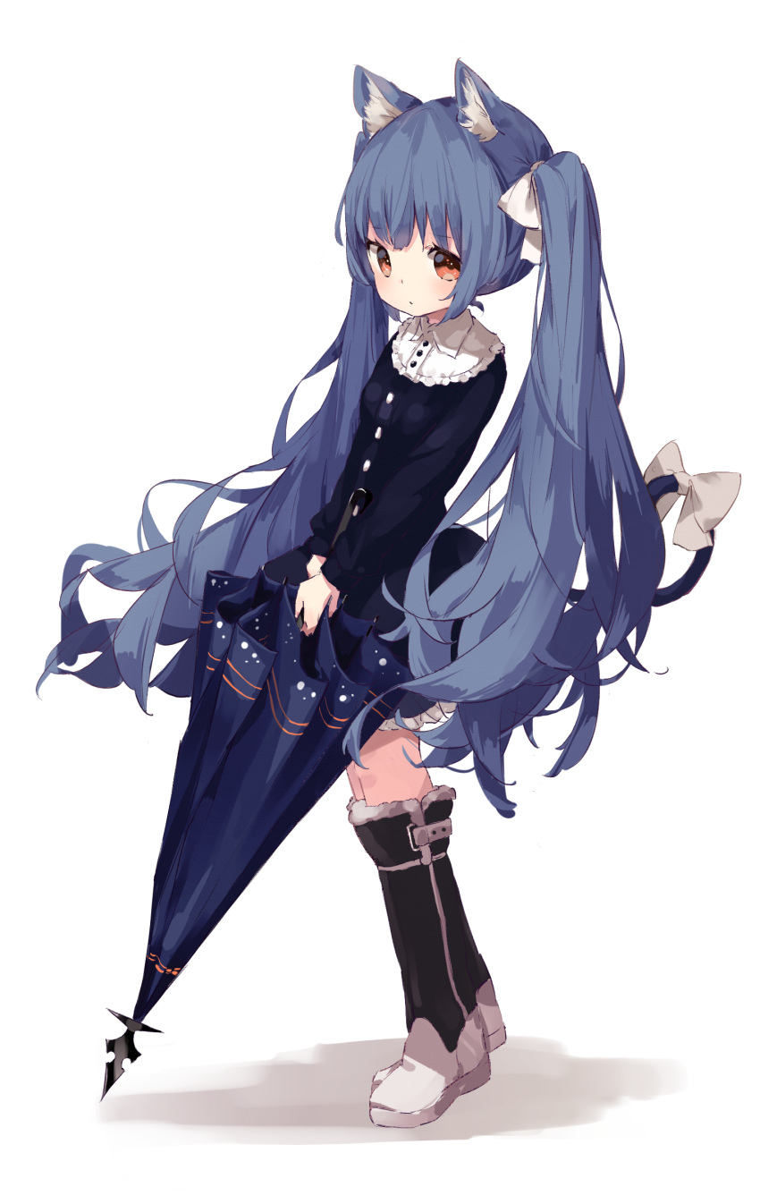 1girl absurdres animal_ear_fluff animal_ears bangs black_dress black_footwear blue_hair blue_umbrella blush boots bow brown_eyes cat_ears cat_girl cat_tail closed_mouth commentary_request dress eyebrows_visible_through_hair frilled_dress frills fujii_shino full_body hair_bow highres holding holding_umbrella knee_boots long_hair long_sleeves original shadow sidelocks solo standing tail tail_bow twintails umbrella very_long_hair white_background white_bow