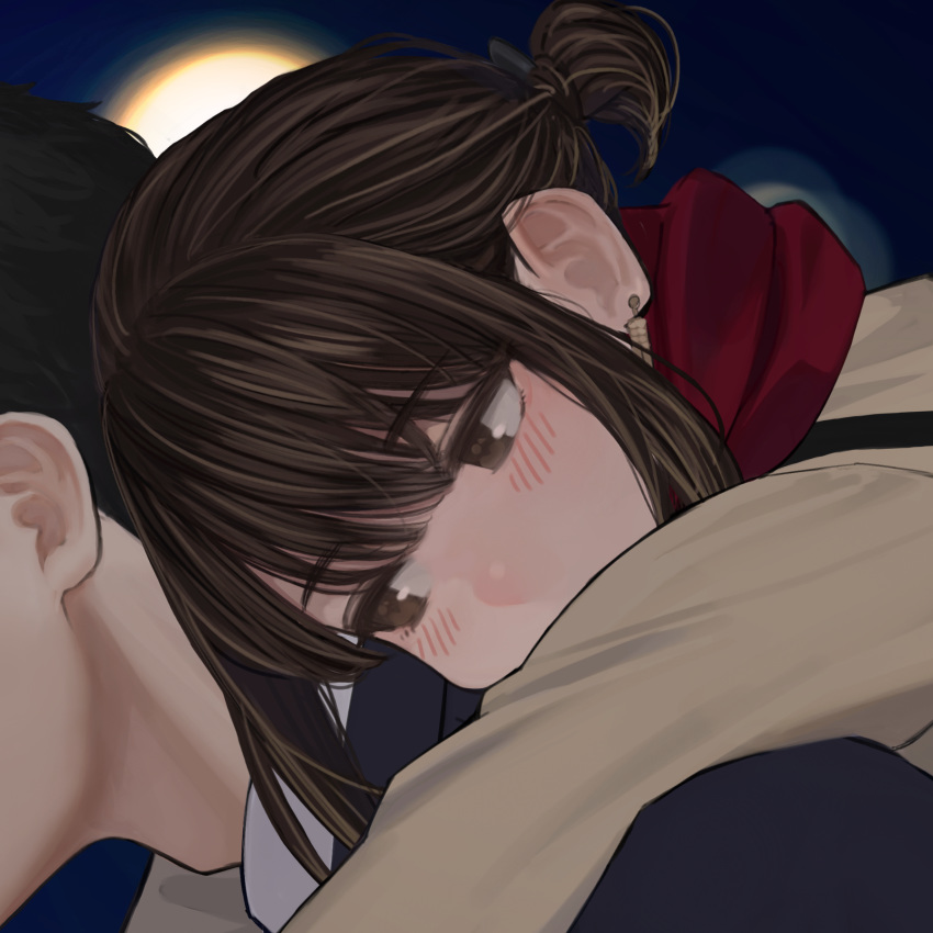 1boy 1girl bangs black_hair blazer blush brown_eyes brown_hair carrying close-up commentary earrings from_side highres jacket jewelry long_sleeves office_lady_(yomu_(sgt_epper)) original piggyback red_scarf scarf sidelocks solo_focus tied_hair yomu_(sgt_epper)