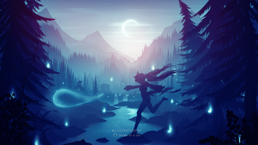 1girl artist_name backlighting crescent_moon forest from_side genshin_impact highres hu_tao_(genshin_impact) moon nature night outdoors river running shade_of_a_cat short_shorts shorts solo twintails