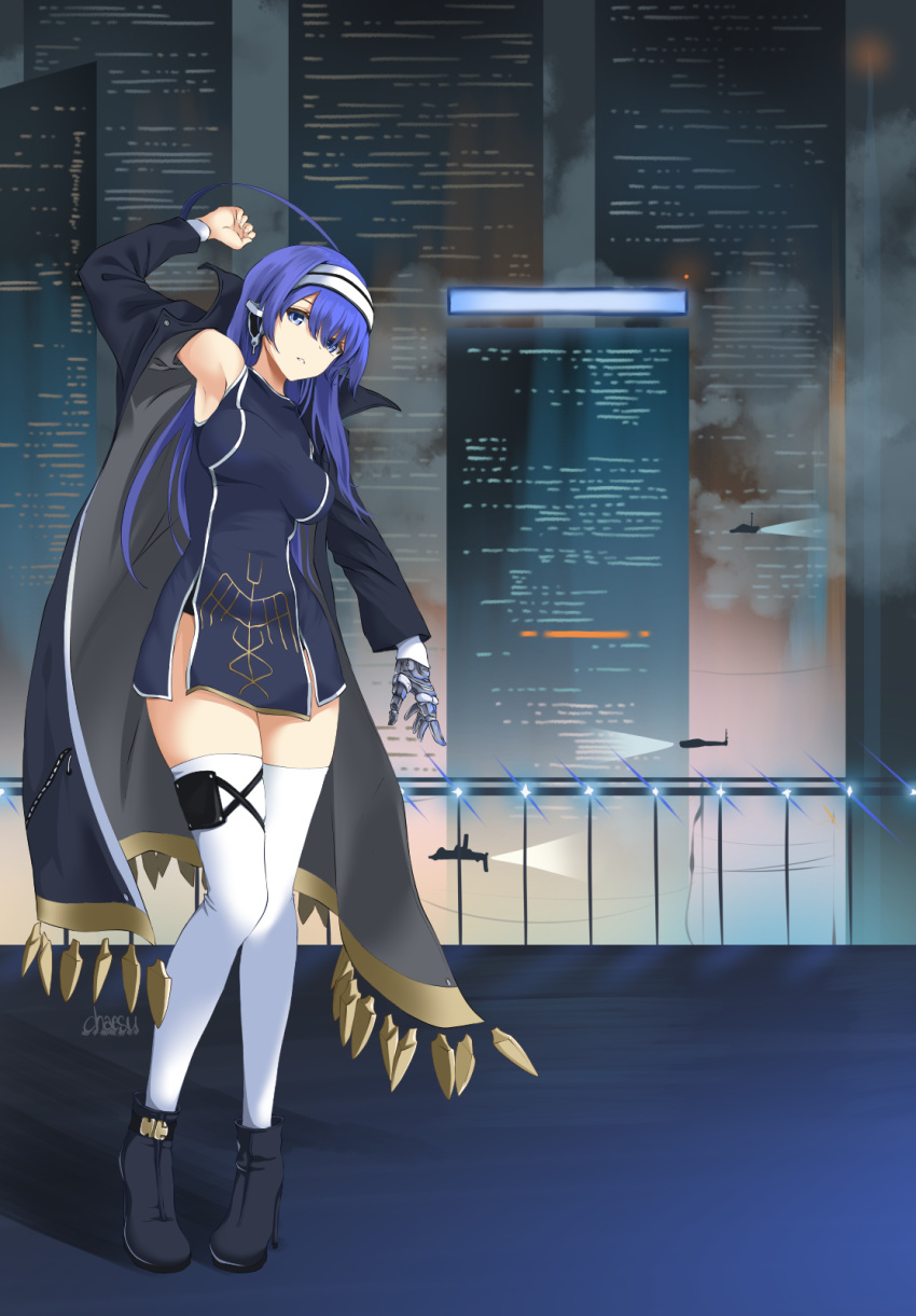 adapted_costume ahoge ankle_boots arm_up armpits black_dress blue_eyes blue_hair boots breasts building chaesu cityscape cyberpunk dress full_body hairband highres huge_ahoge knees_together_feet_apart long_coat long_hair mechanical_hand medium_breasts orie_(under_night_in-birth) pelvic_curtain popped_collar robot_ears short_dress side_slit signature skyscraper sleeveless sleeveless_dress standing thigh-highs thigh_pouch trench_coat under_night_in-birth white_hairband white_legwear