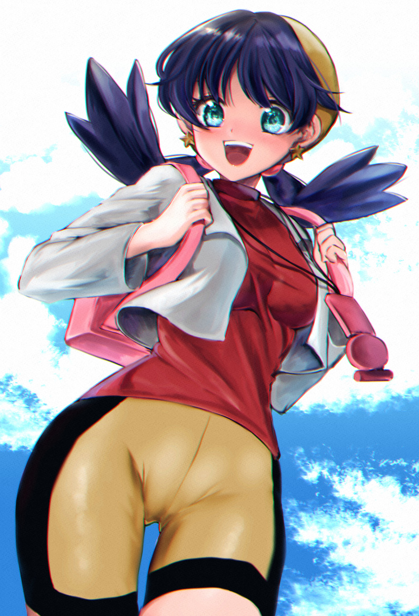 1girl absurdres bike_shorts blue_eyes blue_hair blush breasts clouds crystal_(pokemon) hat highres looking_at_viewer mokorei open_mouth pokemon pokemon_special short_hair smile solo twintails