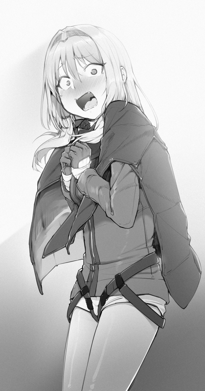 1girl absurdres an-94_(girls_frontline) blush fang girls_frontline gloves greyscale hair_between_eyes hairband highres jacket long_hair looking_at_viewer monochrome open_mouth pantyhose sd_bigpie shorts solo teeth