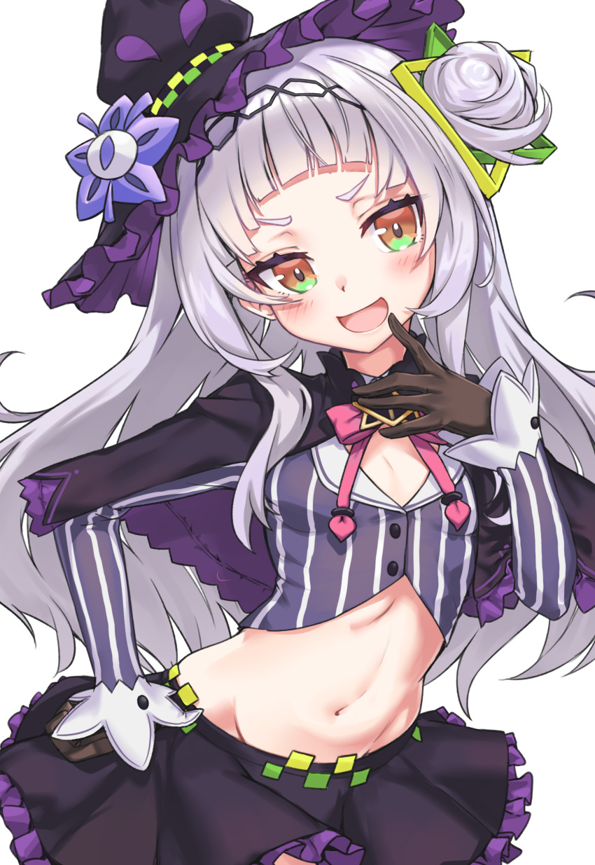 1girl :d absurdres bangs black_headwear black_skirt blush brown_eyes brown_gloves commentary_request frilled_skirt frills gloves grey_hair groin hair_bun hair_ornament hand_on_hip hand_to_own_mouth hand_up hat highres hololive ivan_wang long_hair long_sleeves looking_at_viewer murasaki_shion navel open_mouth purple_shirt shirt side_bun simple_background skirt sleeves_past_wrists smile solo striped striped_shirt tilted_headwear v-shaped_eyebrows vertical-striped_shirt vertical_stripes very_long_hair virtual_youtuber white_background witch_hat