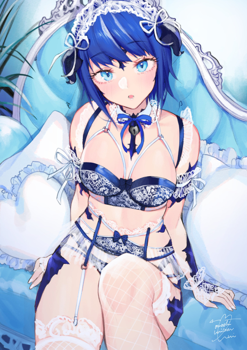 1girl :o absurdres arm_cuffs arm_ribbon arm_support au_ra bangs blue_bow blue_bra blue_eyes blue_hair blue_horns blue_neckwear blue_panties blue_ribbon blush bow bow_bra bra breasts breasts_apart bustier commentary commission couch cowboy_shot detached_collar dragon_girl dragon_horns dutch_angle english_commentary eyebrows_visible_through_hair eyelashes facial_mark fictional_persona final_fantasy final_fantasy_xiv fishnet_armwear fishnet_gloves fishnet_legwear fishnets frilled_hairband frilled_pillow frills garter_belt garters gloves hairband headdress highres horns indoors lace lace-trimmed_bra leg_up lingerie looking_at_viewer maid_headdress medium_breasts midriff mixed-language_commentary neck_ribbon panties pillow plant ribbon scales short_hair signature sitting solo swept_bangs underwear underwear_only uni_(melm) white_legwear white_ribbon