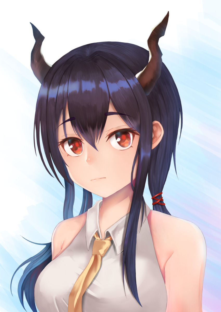 1girl arknights bangs bare_shoulders blue_background blue_hair breasts ch'en_(arknights) commentary dragon_horns eyebrows_visible_through_hair hair_between_eyes highres horns large_breasts long_hair looking_at_viewer low_twintails multicolored multicolored_background necktie purple_background red_eyes shirt sidelocks sleeveless sleeveless_shirt solo twintails upper_body white_background white_shirt xkezty yellow_neckwear