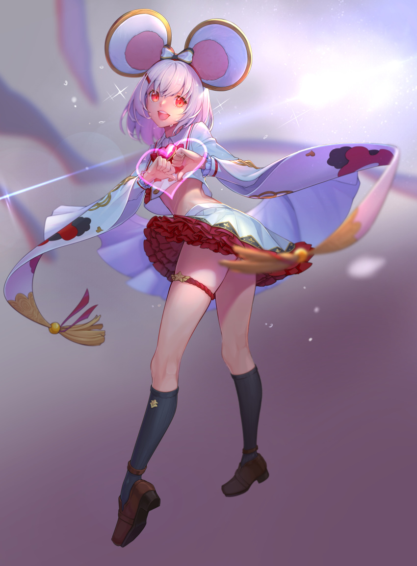 1girl absurdres animal_ears anklet black_legwear bow collared_shirt crop_top detached_sleeves fake_animal_ears frilled_skirt frills granblue_fantasy hair_ornament hairclip headband heart highres jewelry kneehighs loafers long_sleeves mouse_ears open_mouth puchu_huang red_eyes red_frills red_ribbon ribbon shirt shoes short_hair skindentation skirt solo sweat thigh_strap thighs vikala_(granblue_fantasy) white_hair white_shirt wide_sleeves