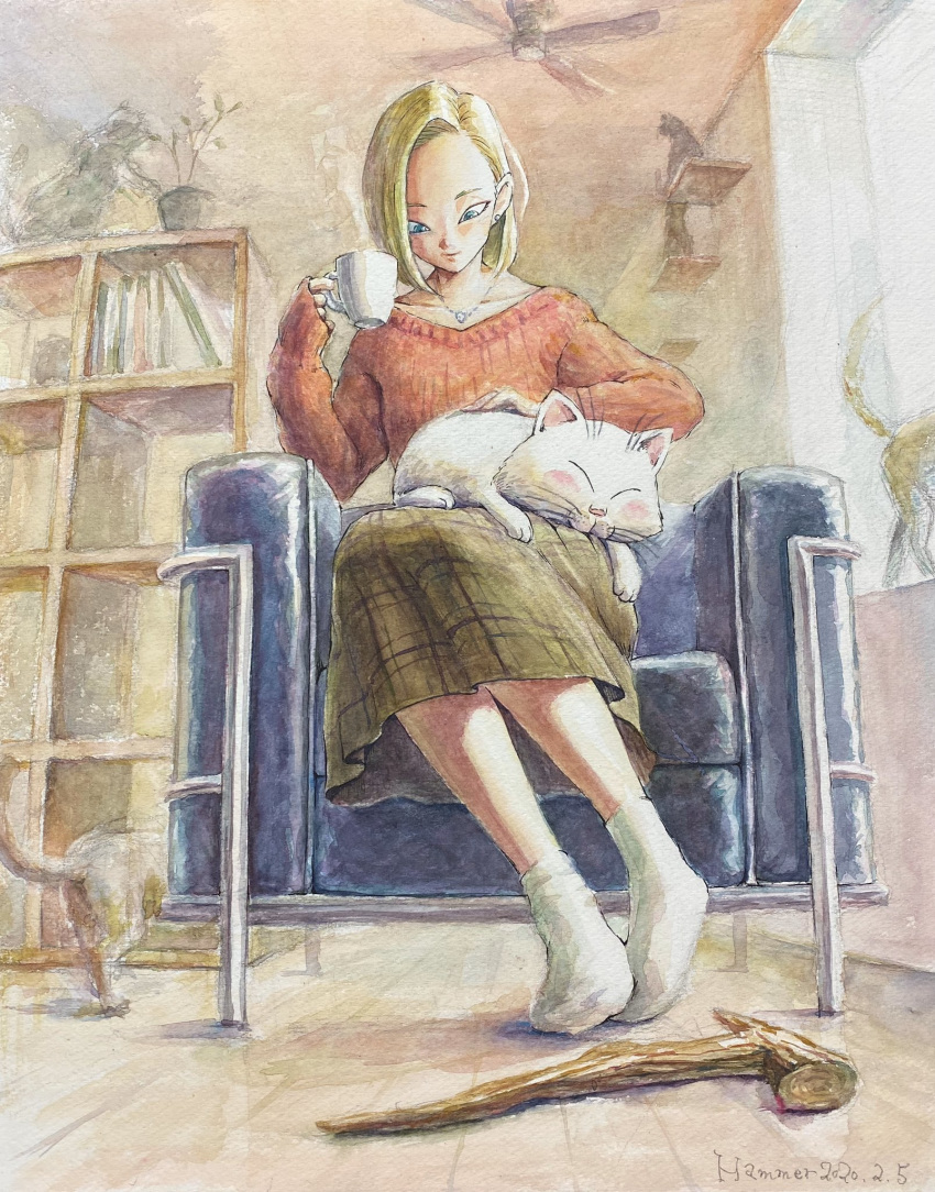 1boy 1girl android_18 blonde_hair bookshelf cat chair cup dated dragon_ball dragon_ball_z from_below hammar_dobucof highres jewelry karin_(dragon_ball) mug necklace plaid plaid_skirt plant signature sitting skirt sleeves_past_wrists socks statue steam sweater traditional_media walking_stick watercolor_(medium)