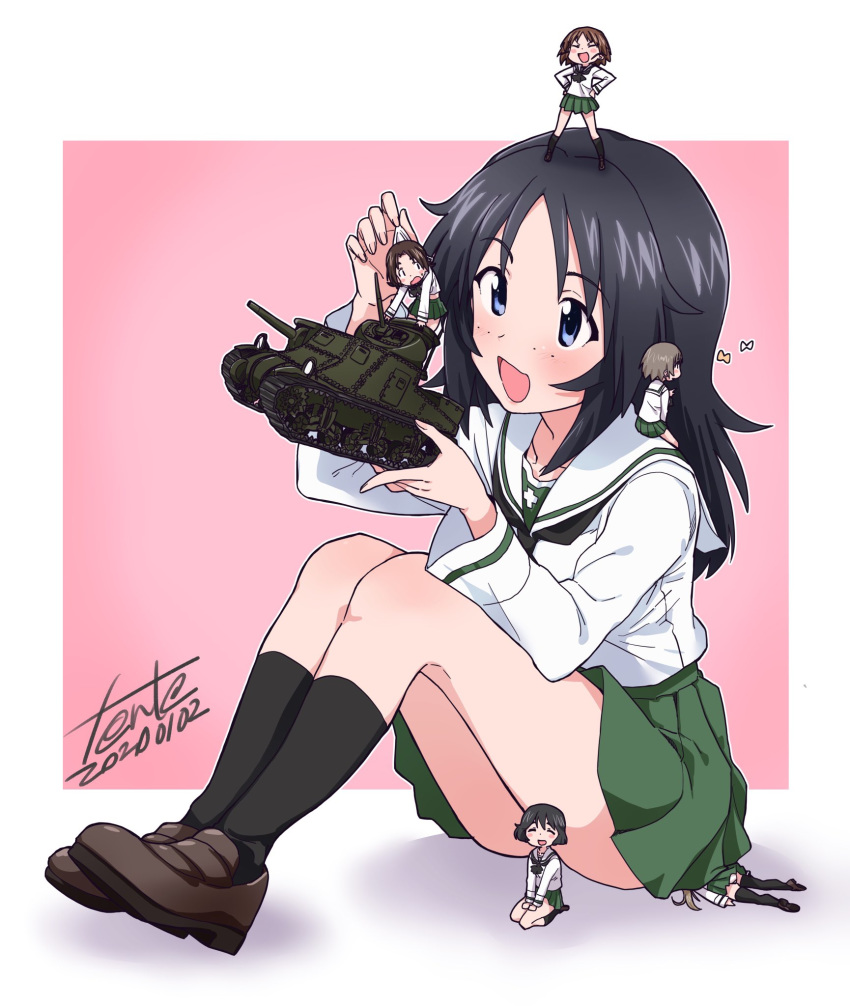 :d artist_name bangs black_hair black_legwear black_neckwear blouse blue_eyes blue_hair brown_footwear brown_hair bug butterfly closed_eyes commentary_request dated eyebrows_visible_through_hair fanta_(the_banana_pistols) freckles girls_und_panzer green_skirt ground_vehicle hands_on_hips highres holding insect loafers long_hair long_sleeves m3_lee maruyama_saki military military_vehicle minigirl miniskirt model_tank motor_vehicle neckerchief ooarai_school_uniform oono_aya open_mouth outside_border pleated_skirt revision sakaguchi_karina sawa_azusa school_uniform seiza serafuku shoes signature sitting sitting_on_person skirt smile socks standing tank utsugi_yuuki white_blouse yamagou_ayumi