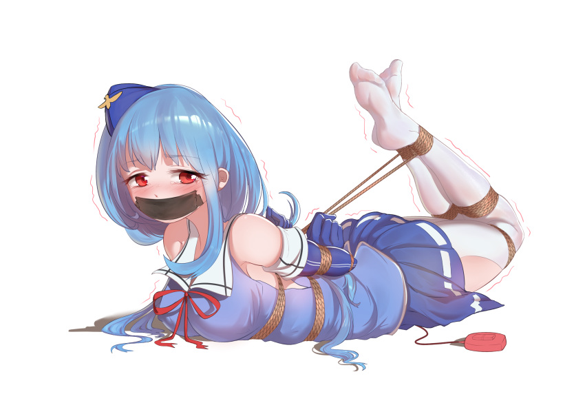 absurdres alicetrina bdsm blue_hair bondage bound feet gagged hat highres long_hair no_shoes pantyhose quincy_(warship_girls_r) red_eyes restrained rope shibari soles tied_up warship_girls_r white_legwear
