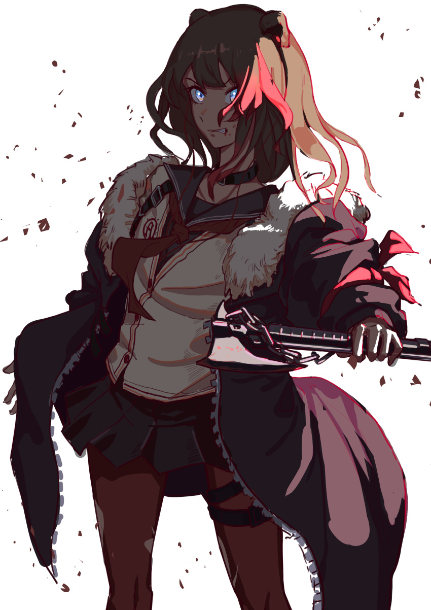 1girl absurdres animal_ears arknights bear_ears black_jacket black_skirt blue_eyes breasts brown_hair buttons choker clenched_teeth cowboy_shot fur-trimmed_jacket fur_trim hatchet highres jacket light long_sleeves looking_at_viewer medium_hair miniskirt multicolored_hair open_clothes open_jacket pantyhose piao_miao pleated_skirt red_legwear redhead sailor_collar school_uniform serafuku shirt simple_background skirt small_breasts solo standing teeth thigh_strap torn_clothes torn_legwear two-tone_hair white_background zima_(arknights)