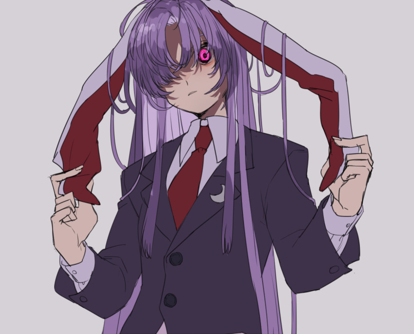 1girl animal_ears bangs blazer blouse buttons closed_mouth collared_blouse crescent crescent_moon_pin grey_background holding_ears imperishable_night jacket lapel_pin lavender_hair long_hair looking_at_viewer marimo_tarou moon_rabbit necktie pink_eyes purple_hair rabbit_ears red_neckwear reisen_udongein_inaba solo touhou white_blouse