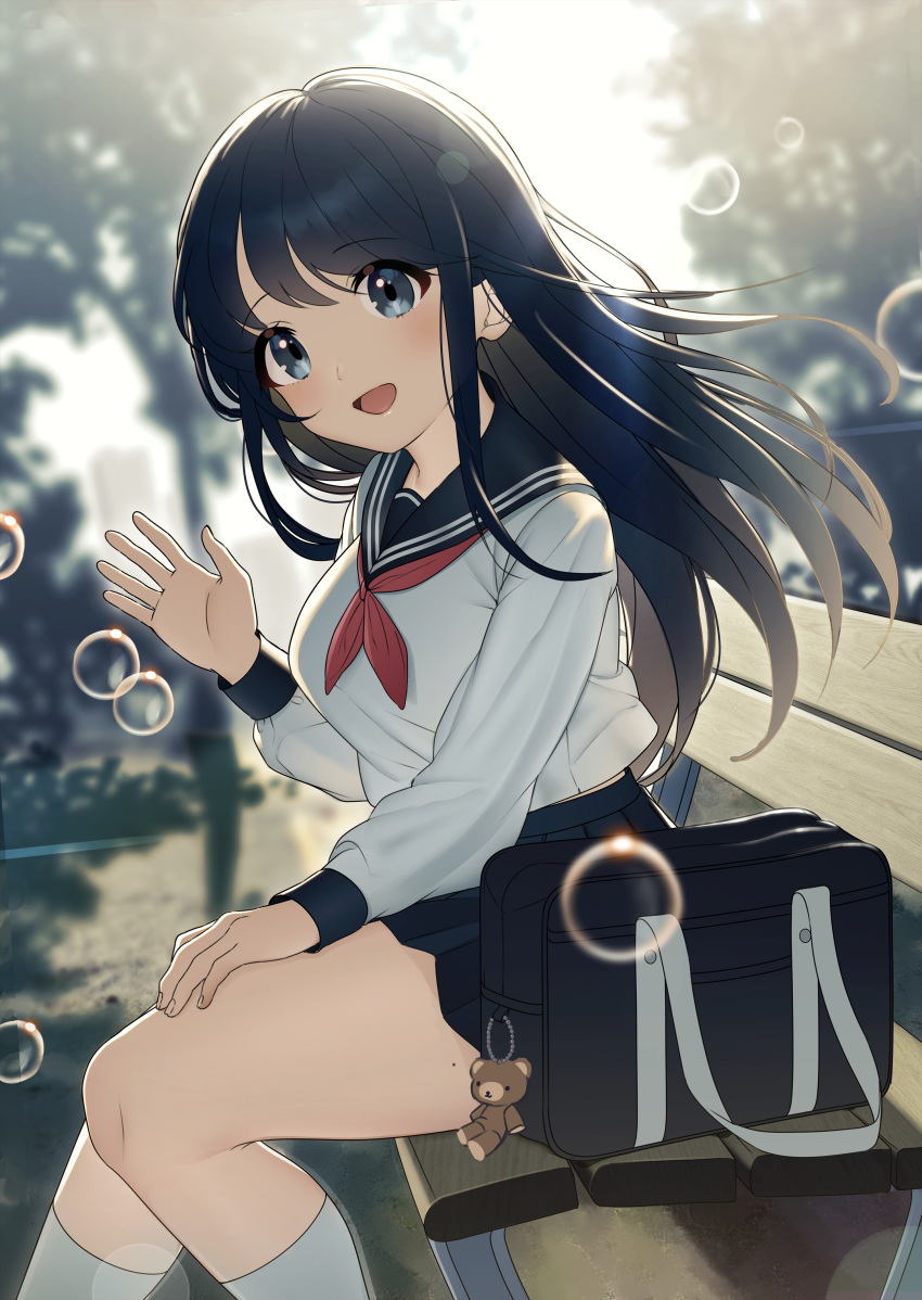 1girl absurdres bag bag_charm bangs bench black_hair blue_eyes blue_skirt bubble charm_(object) day eyebrows_visible_through_hair hand_on_own_thigh highres mole mole_on_thigh original outdoors park_bench parted_bangs pleated_skirt red_ribbon ribbon sailor_collar school_bag school_uniform serafuku shadow shirt sitting skirt smile thighs tree uniform waving white_legwear white_shirt yoshihiro_(yoshihiro12190)