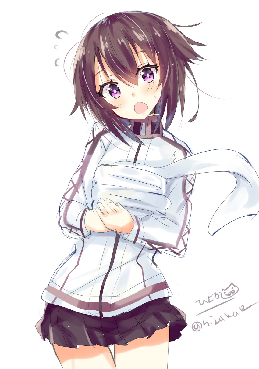 1girl black_hair black_skirt blush breasts gym_shirt hair_between_eyes hayasui_(kantai_collection) highres hizaka jacket kantai_collection long_sleeves looking_at_viewer miniskirt open_mouth pleated_skirt shirt short_hair simple_background skirt solo towel track_jacket twitter_username violet_eyes white_background