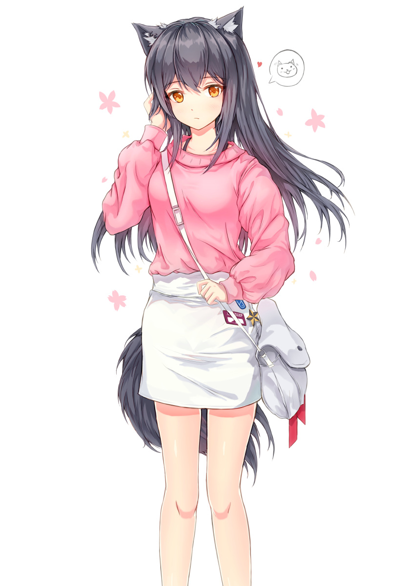 1girl absurdres alternate_costume animal_ear_fluff animal_ears arknights bag bangs black_hair brown_eyes casual commentary eyebrows_visible_through_hair feet_out_of_frame hand_up handbag highres long_hair long_sleeves looking_at_viewer miniskirt neon_(hhs9444) pink_sweater simple_background skirt solo standing sweater tail texas_(arknights) thighs white_background white_skirt wolf_ears wolf_tail