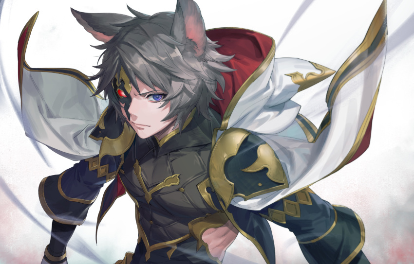 1boy animal_ears bangs blue_eyes cape erune gloves granblue_fantasy highres hood male_focus mask mole mole_under_eye sanditk_gbf silver_hair simple_background six_(granblue_fantasy) solo white_cape