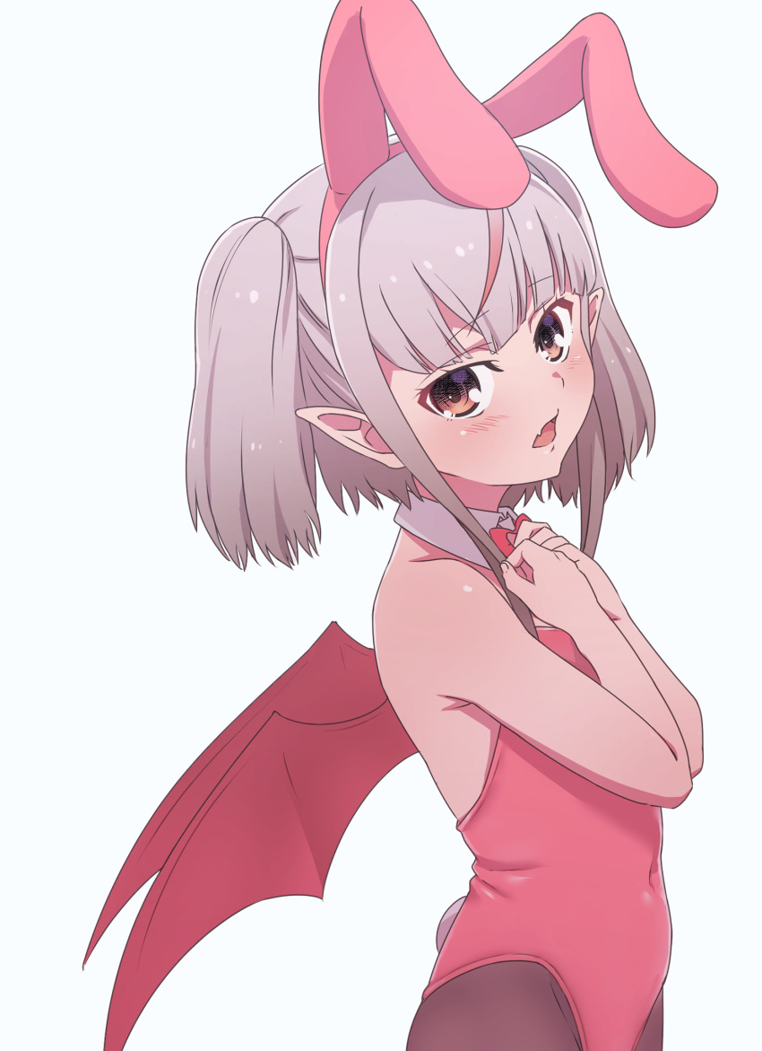 1girl animal_ears bare_shoulders blush bow bowtie brown_eyes bunny_girl bunny_tail bunnysuit demon_wings detached_collar eyebrows_visible_through_hair fake_animal_ears fake_tail grey_hair hands_up highres leotard looking_at_viewer makaino_ririmu medium_hair multicolored_hair nijisanji open_mouth pantyhose pointy_ears rabbit_ears red_leotard redhead sabamen simple_background solo strapless strapless_leotard streaked_hair tail twintails upper_body virtual_youtuber white_background wings
