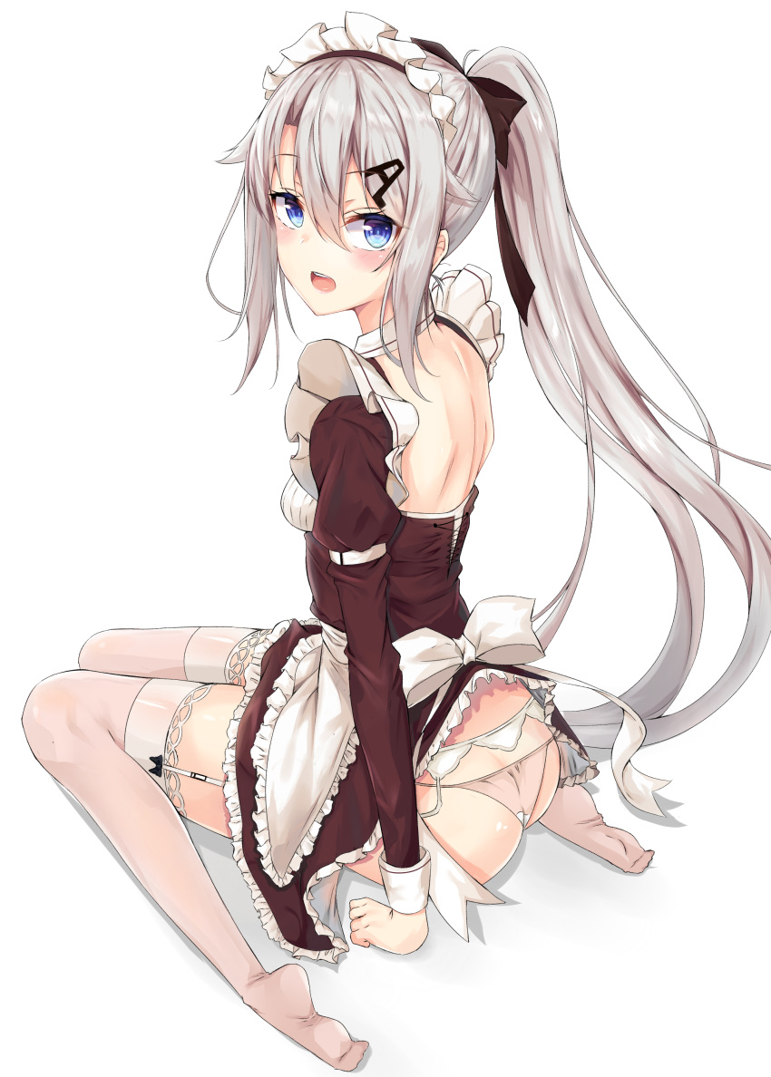 1girl 9a-91_(girls_frontline) absurdres alternate_costume apron ass backless_outfit bangs black_dress blue_eyes blush bow dress from_side full_body garter_belt girls_frontline hair_between_eyes hair_ornament hair_ribbon highres letter_hair_ornament long_hair long_sleeves looking_at_viewer maid maid_dress maid_headdress no_shoes open_mouth panties pink_panties ponytail ribbon shoulder_blades silver_hair sitting so_myeolchi thigh-highs underwear wariza white_background white_legwear