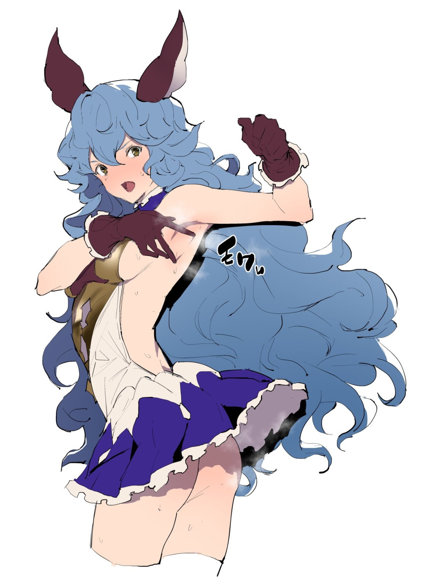 1girl animal_ears arm_up armpits ass backless_dress backless_outfit bangs bare_back bare_shoulders blue_hair blue_skirt blush breasts brown_gloves dress erune ferry_(granblue_fantasy) frilled_gloves frills gloves granblue_fantasy highres jikatarou long_hair looking_at_viewer medium_breasts open_mouth rabbit_ears short_dress sideboob simple_background skirt solo sweat thighs wavy_hair white_background white_dress yellow_eyes