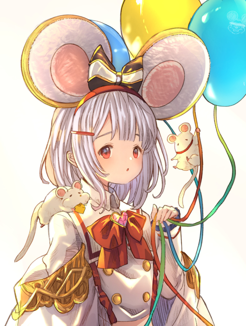 1girl :o animal_ears animal_on_shoulder balloon bangs blush bow cheese commentary_request double-breasted fake_animal_ears food gem granblue_fantasy hair_bow hair_ornament hairband hairclip heart highres holding jacket long_sleeves looking_at_viewer medium_hair mouse open_mouth rat_ears red_eyes simple_background solo umika35 upper_body vikala_(granblue_fantasy) white_background white_hair wing_collar