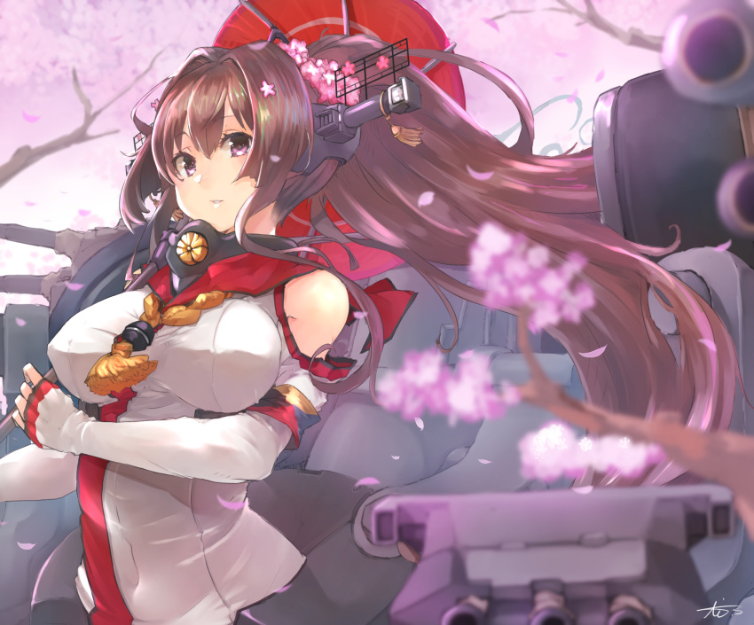 1girl akicosmossakasa bare_shoulders blurry brown_hair cannon cherry_blossoms depth_of_field flower hair_flower hair_ornament headgear highres kantai_collection long_hair machinery oriental_umbrella ponytail red_umbrella solo tree turret umbrella upper_body yamato_(kantai_collection)