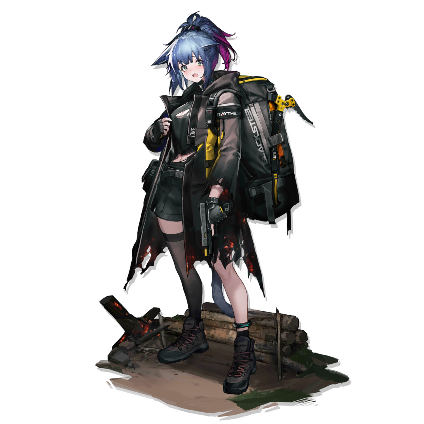 1girl animal_ears arknights backpack bag bangs black_footwear black_gloves black_jacket black_legwear black_shirt blue_hair blush cat_ears eyebrows_visible_through_hair fingerless_gloves full_body gloves green_eyes gun handgun heibaise_jiangshi highres holding holding_gun holding_weapon ice_pick jacket jessica_(arknights) long_sleeves looking_at_viewer multicolored_hair navel official_art open_clothes open_jacket open_mouth pistol ponytail purple_hair shirt shoes short_hair short_ponytail single_thighhigh solo standing tears thigh-highs transparent_background weapon