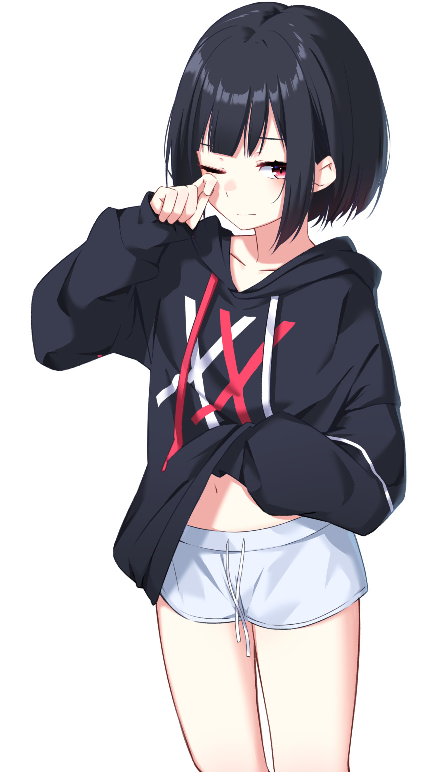 1girl absurdres black_hair black_hoodie closed_mouth collarbone drawstring hand_up highres hood hood_down ichiki_1 long_sleeves looking_at_viewer navel one_eye_closed original red_eyes short_hair short_shorts shorts simple_background solo thighs white_background white_shorts