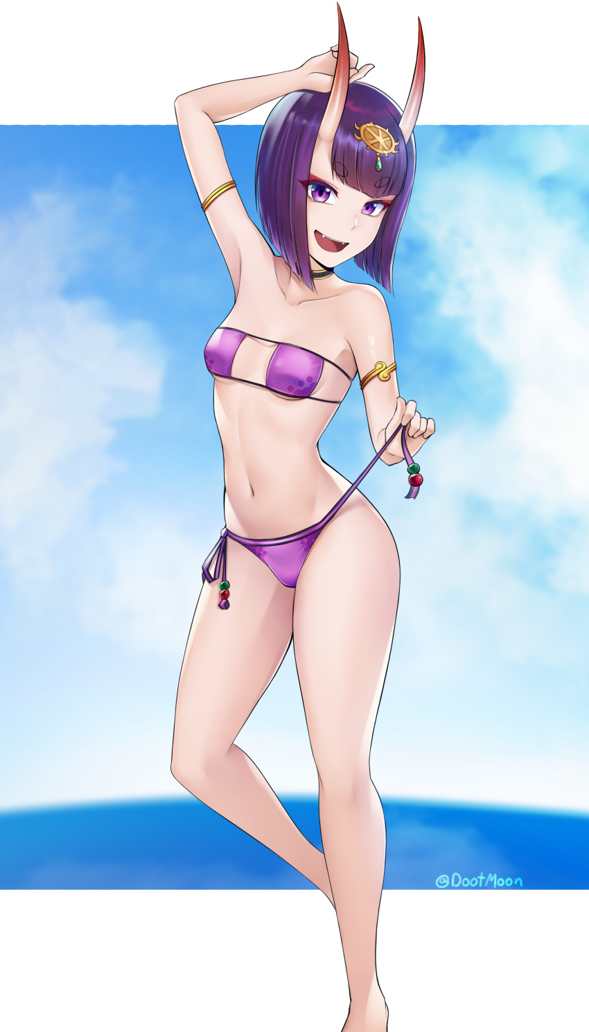 1girl absurdres arm_up armlet armpits bangs bare_shoulders beads bikini bikini_pull blue_sky blush bob_cut border breasts choker collarbone commission cosplay dootmoon eyeliner eyepatch_bikini fangs fate/grand_order fate_(series) headpiece highres horns legs looking_at_viewer makeup minamoto_no_raikou_(fate/grand_order) minamoto_no_raikou_(swimsuit_lancer)_(fate) minamoto_no_raikou_(swimsuit_lancer)_(fate)_(cosplay) navel oni oni_horns open_mouth purple_bikini purple_hair short_eyebrows short_hair shuten_douji_(fate/grand_order) side-tie_bikini skin-covered_horns sky small_breasts smile solo swimsuit violet_eyes white_border