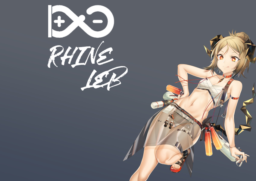 1girl :q absurdres arknights arm_strap bare_arms bare_shoulders bikini blonde_hair breasts chinese_commentary choker collarbone commentary_request feet_out_of_frame grey_background groin hair_bun highres horns ifrit_(arknights) looking_at_viewer navel red_choker red_eyes red_nails rhine_lab_logo sandals sarong see-through short_hair simple_background small_breasts smile solo stomach swimsuit thighs toenail_polish tongue tongue_out white_bikini xo_(xo17800108)