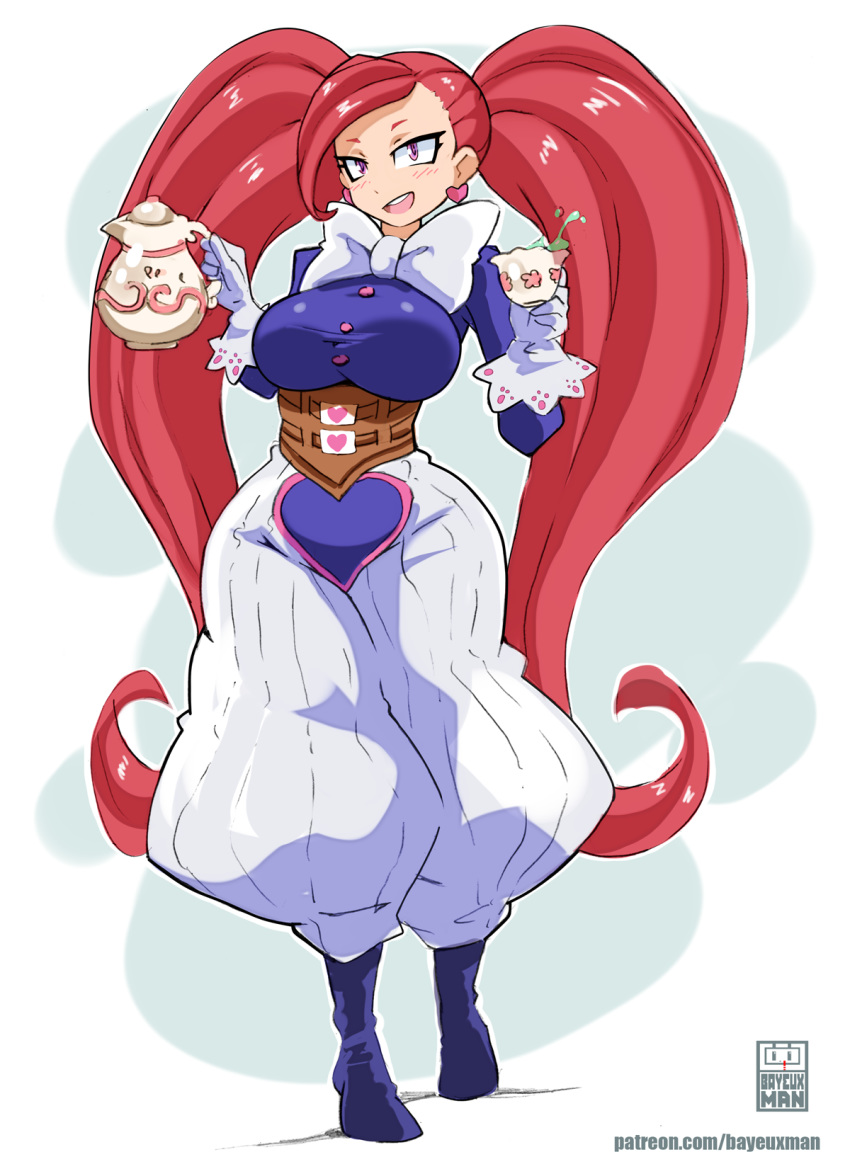 :d artist_name bayeuxman blue_footwear blush boku_no_hero_academia breasts cup dress earrings full_body gloves happy heart highres holding holding_cup holding_teapot jewelry la_brava large_breasts long_hair looking_at_viewer open_mouth pink_eyes redhead short_eyebrows smile standing teapot twintails very_long_hair watermark web_address white_gloves