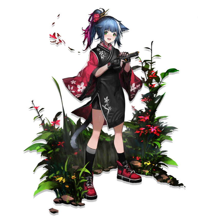 1girl :d alternate_costume animal_ears arknights asymmetrical_legwear bangs bike_shorts black_gloves black_kimono black_legwear black_shorts blue_hair blush cat_ears cat_tail eyebrows_visible_through_hair fingerless_gloves floral_print flower full_body gloves green_eyes gun hair_flower hair_ornament hair_stick handgun heibaise_jiangshi highres holding holding_gun holding_weapon japanese_clothes jessica_(arknights) kimono kneehighs long_hair long_sleeves looking_at_viewer multicolored_hair official_art open_mouth pistol ponytail purple_hair red_flower red_footwear shoes short_kimono short_shorts shorts single_kneehigh smile sneakers socks solo standing tail transparent_background weapon wide_sleeves