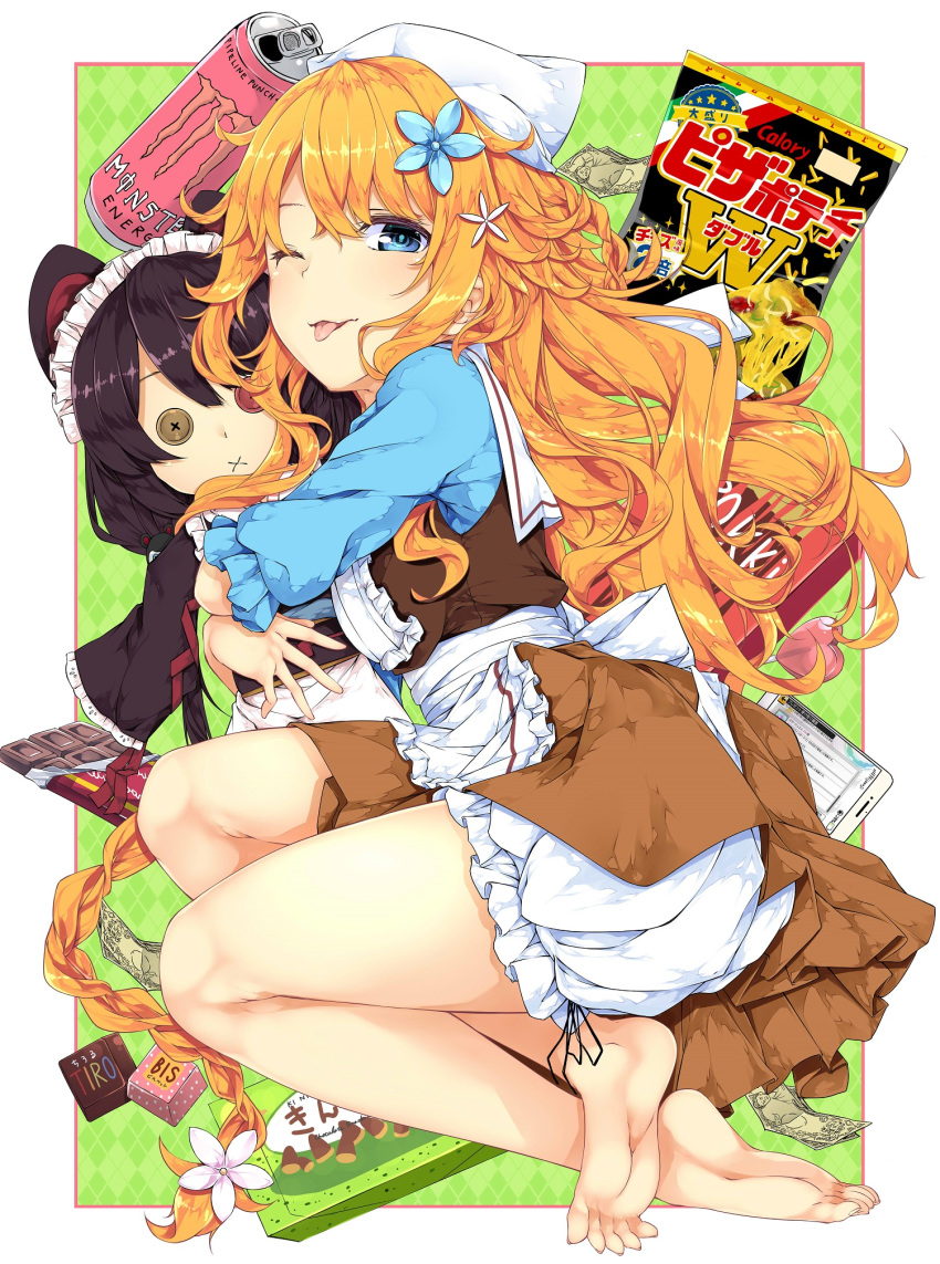 1girl bangs barefoot blue_eyes blue_flower blush chocolate commentary_request flower food hair_between_eyes hair_flower hair_ornament highres holding long_hair looking_at_viewer money monster_energy nijisanji one_eye_closed orange_hair otogibara_era pocky puppet smile soles stuffed_toy tagme tongue tongue_out tries very_long_hair virtual_youtuber